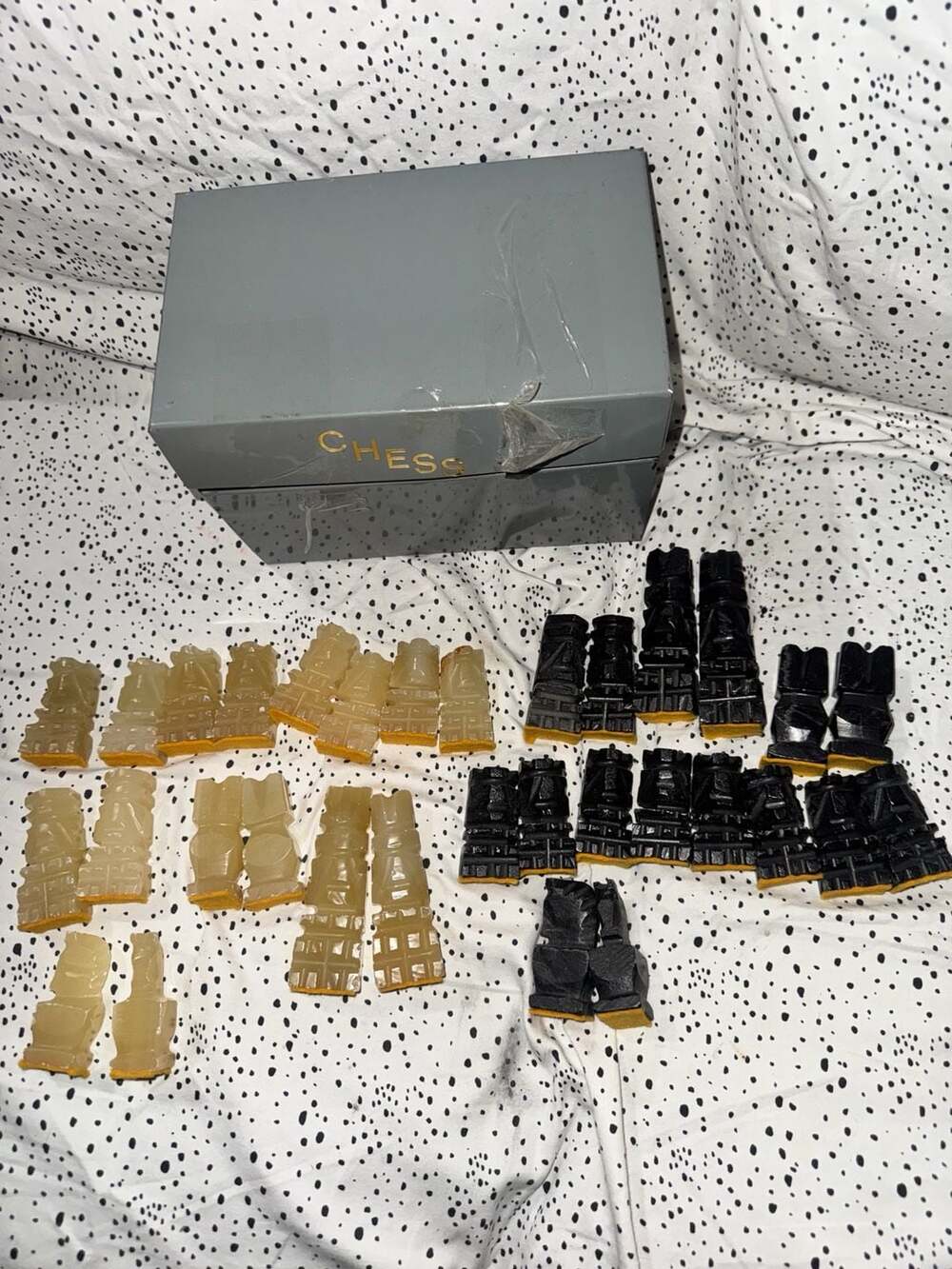 Modernist Abstract Resin Chess Set with Grey Decorative Storage Box